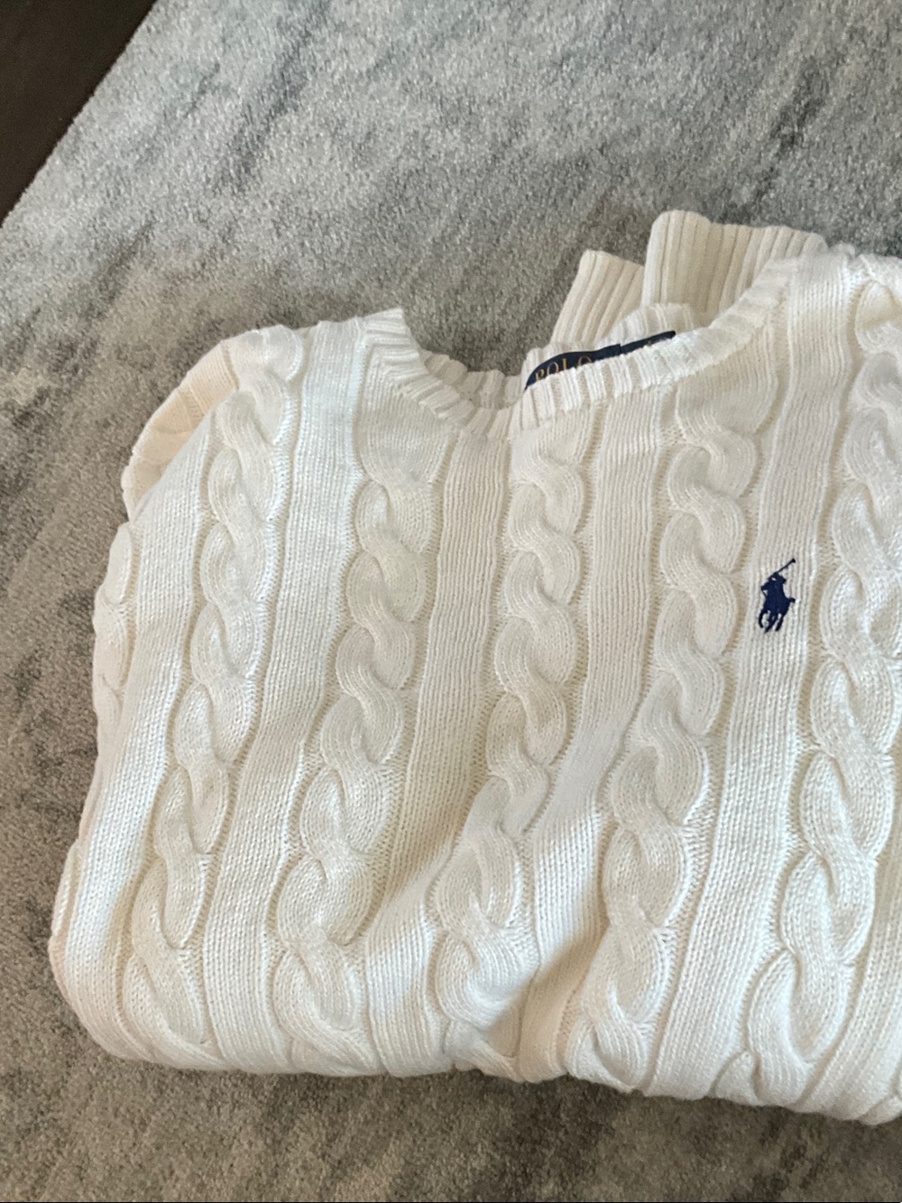 Ralph Lauren White Cable Knit Sweater with Navy Pony